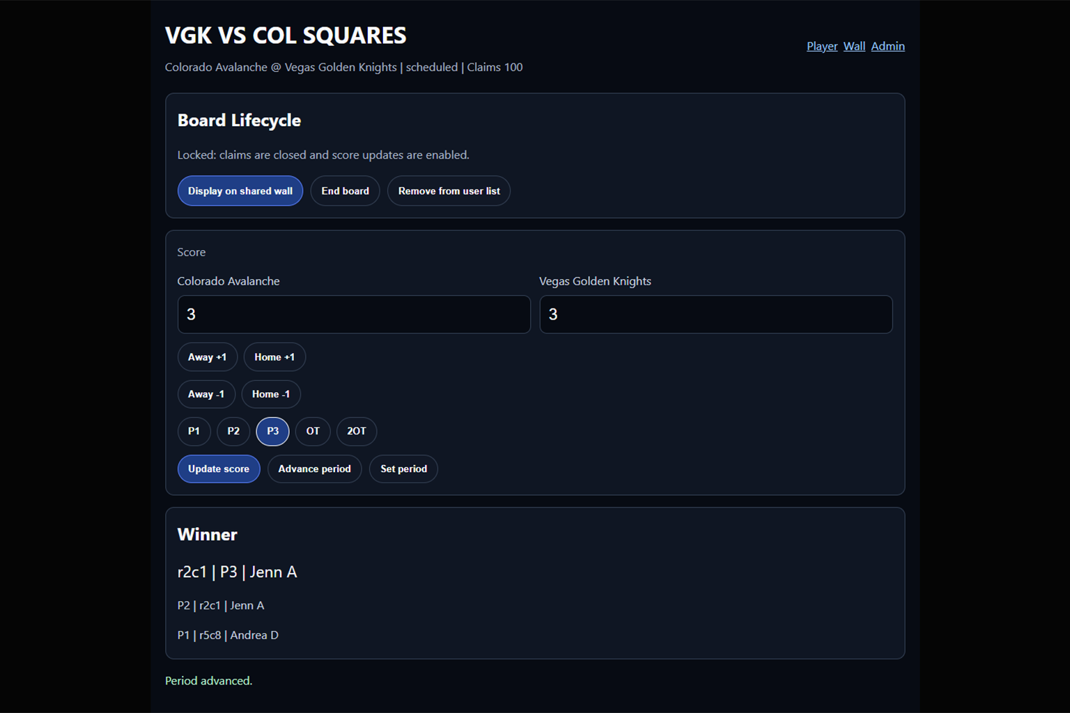 Squares host controls for managing the board and game flow